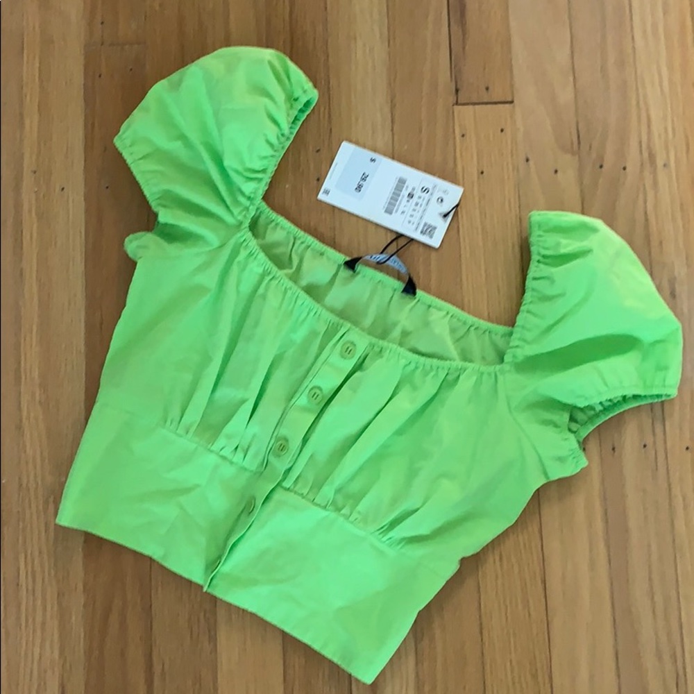 BNWT ZARA poplin cropped top in neon green size S